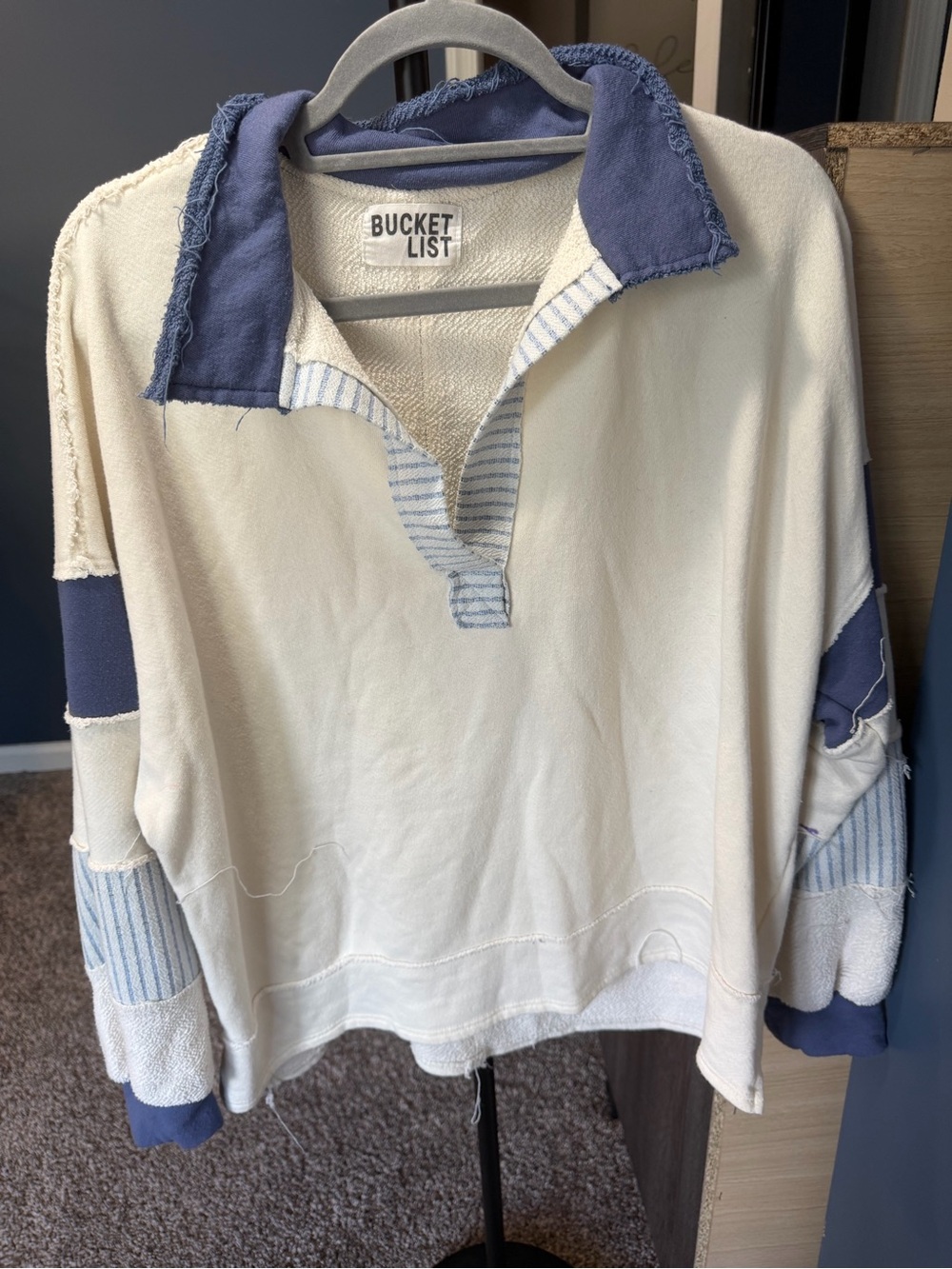 BUCKETLIST Cream & Blue Patchwork Rugby Sweatshirt